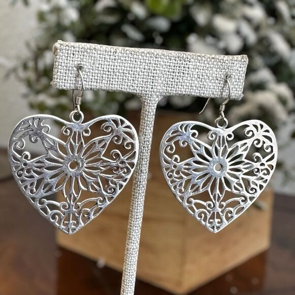 VTG Dangle Earrings 2" L Heart Shaped Open work Flower 925 Sterling Silver 14.2g - Picture 1 of 8